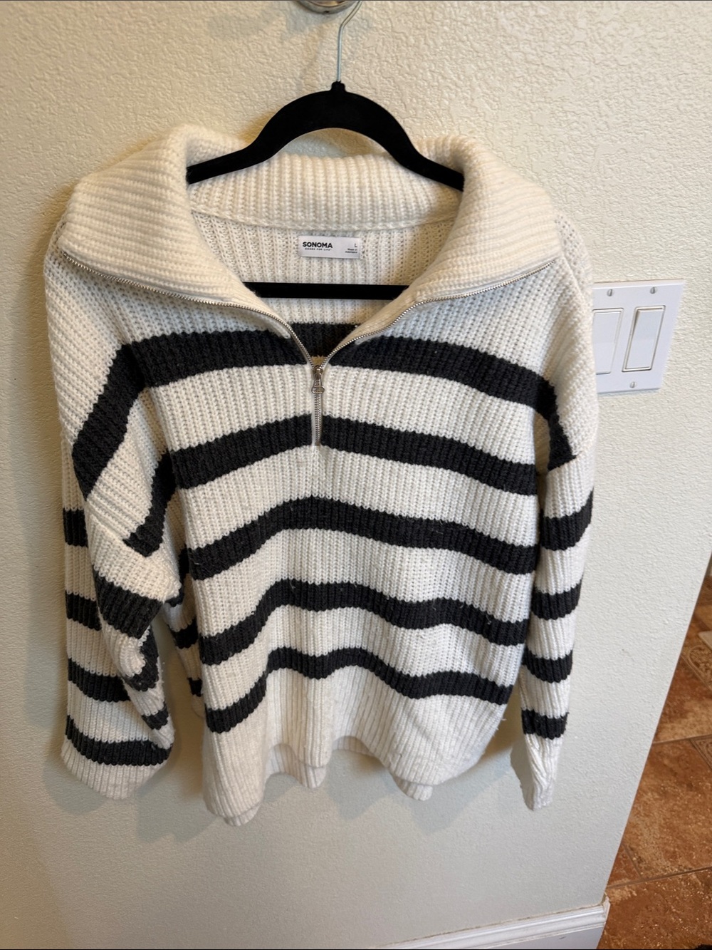 Sonoma Black & Cream Striped Half-Zip Funnel Sweater